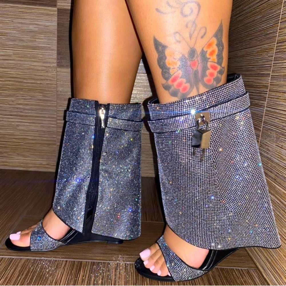 Rhinestone peep toe wedge heel zippered sandal boots shiny women’s shoes